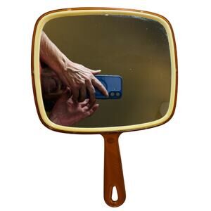 Vintage 1950s–60s Butterscotch Plastic Hand Mirror – 9"x8" – New -vn